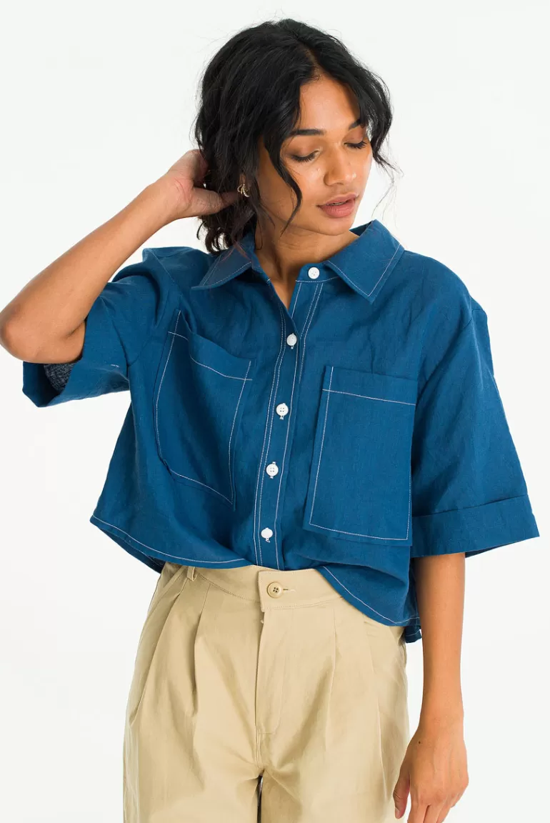 Women Olive Clothing Yasu Linen Shirt, Blue