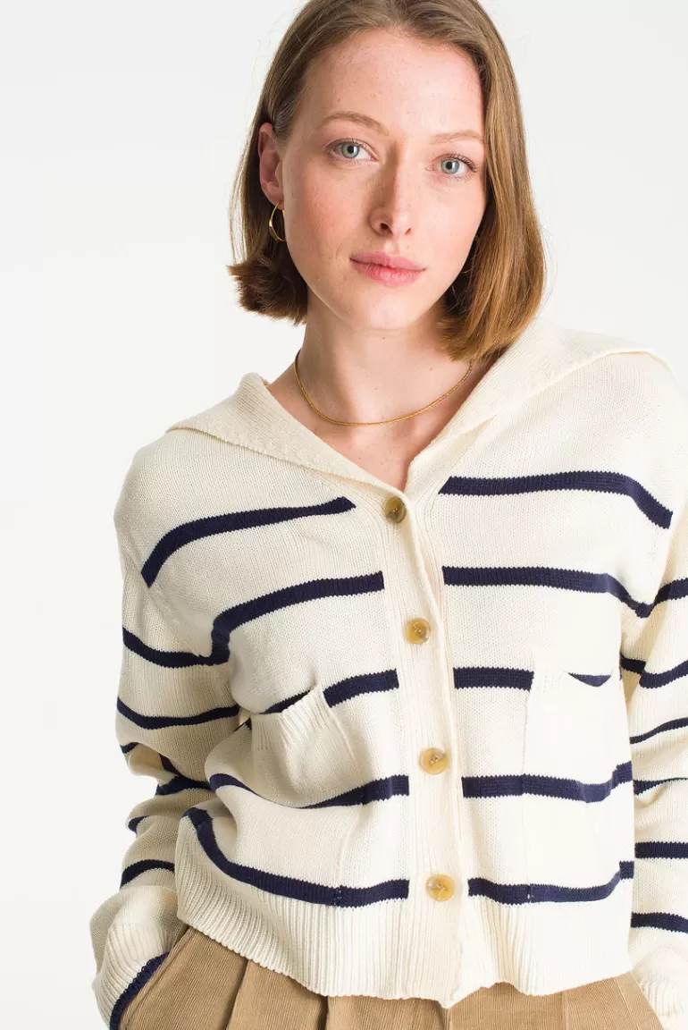 Women Olive Clothing Yuha Stripe Sailor Cardigan, Ivory/Navy