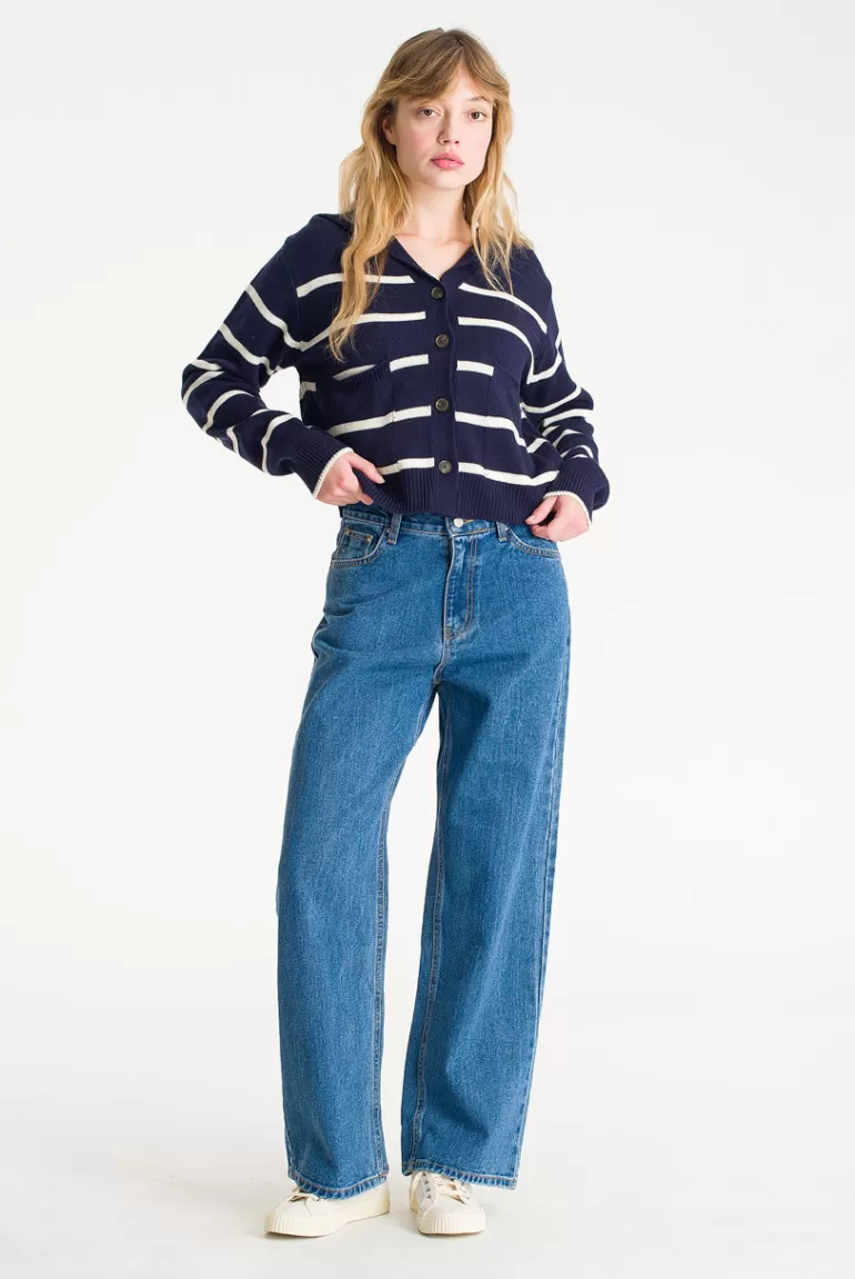 Women Olive Clothing Yuha Stripe Sailor Cardigan, Navy/Ivory