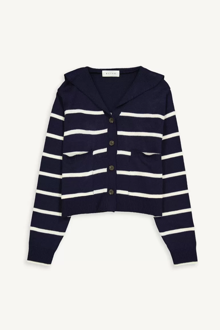 Women Olive Clothing Yuha Stripe Sailor Cardigan, Navy/Ivory