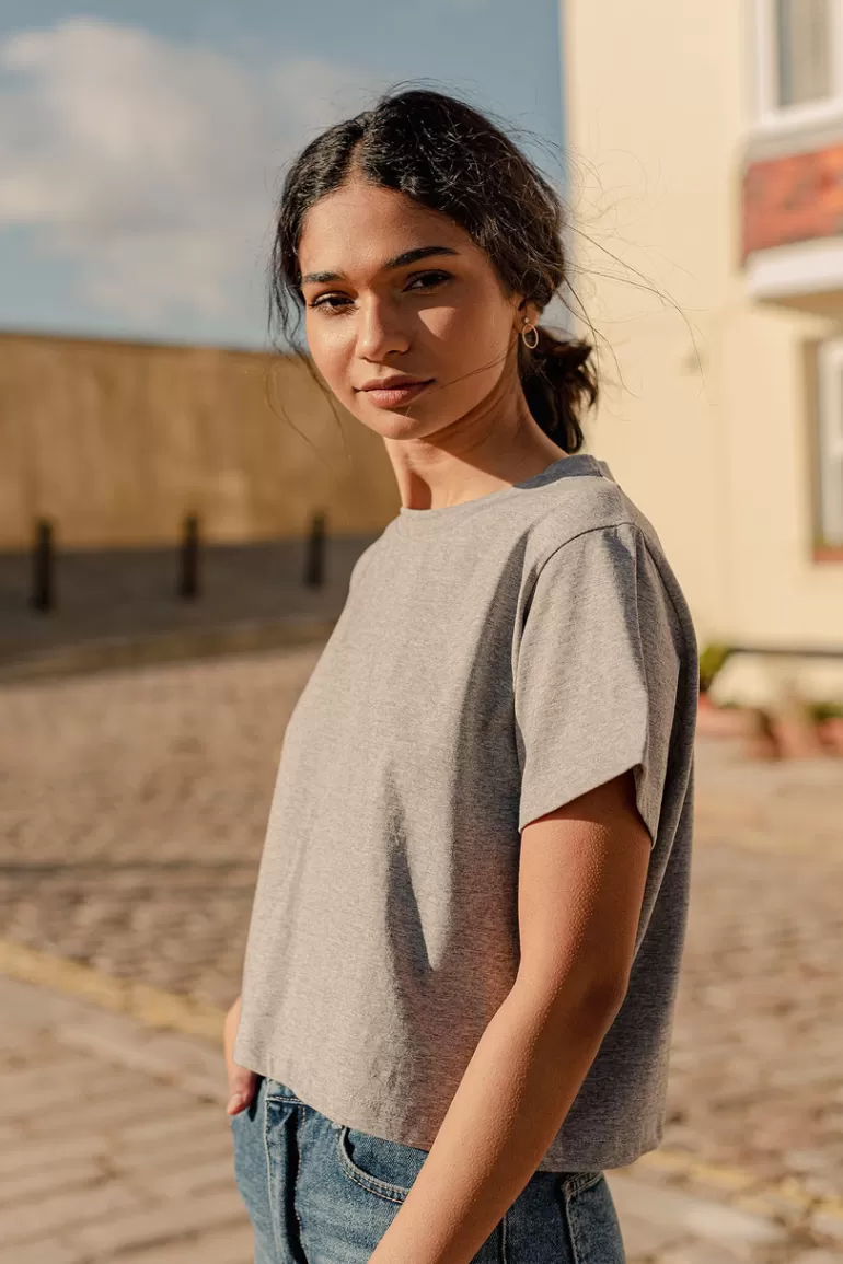 Women Olive Clothing Yui Cotton Crop Tee, Melange Grey