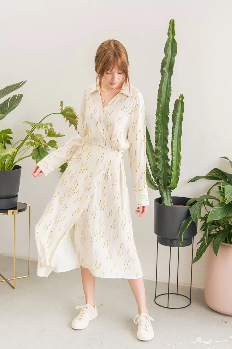 Women Olive Clothing Yumi Flower Wrap Dress, Ivory